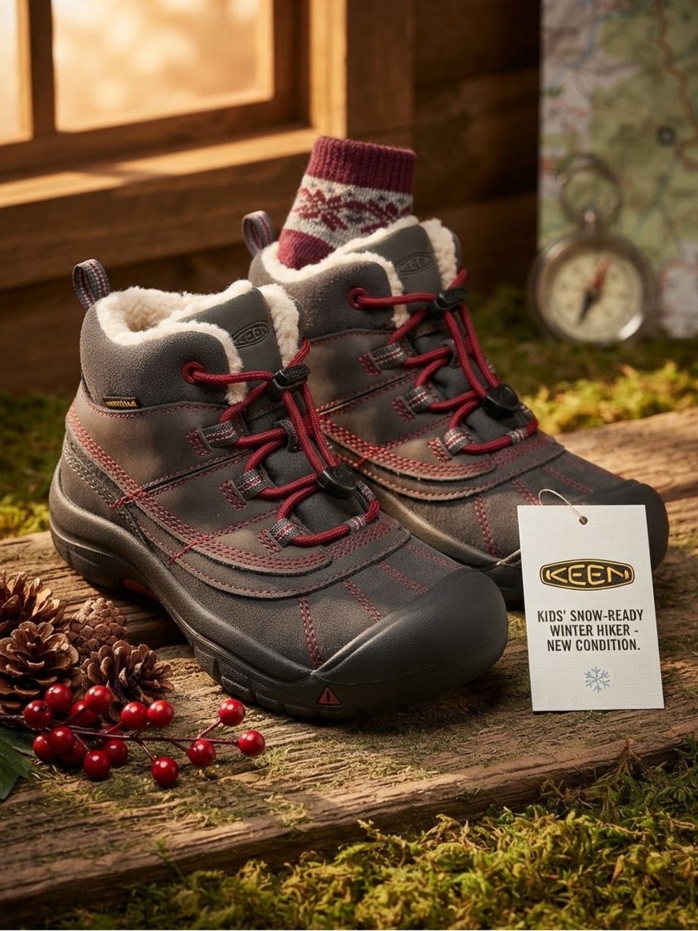 KEEN Kids Gray and Red Winter Hiker Boots